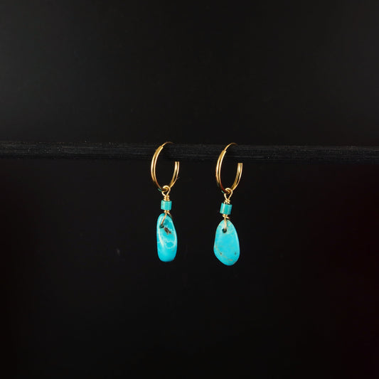 Turquoise earrings with gold hooks on a black background