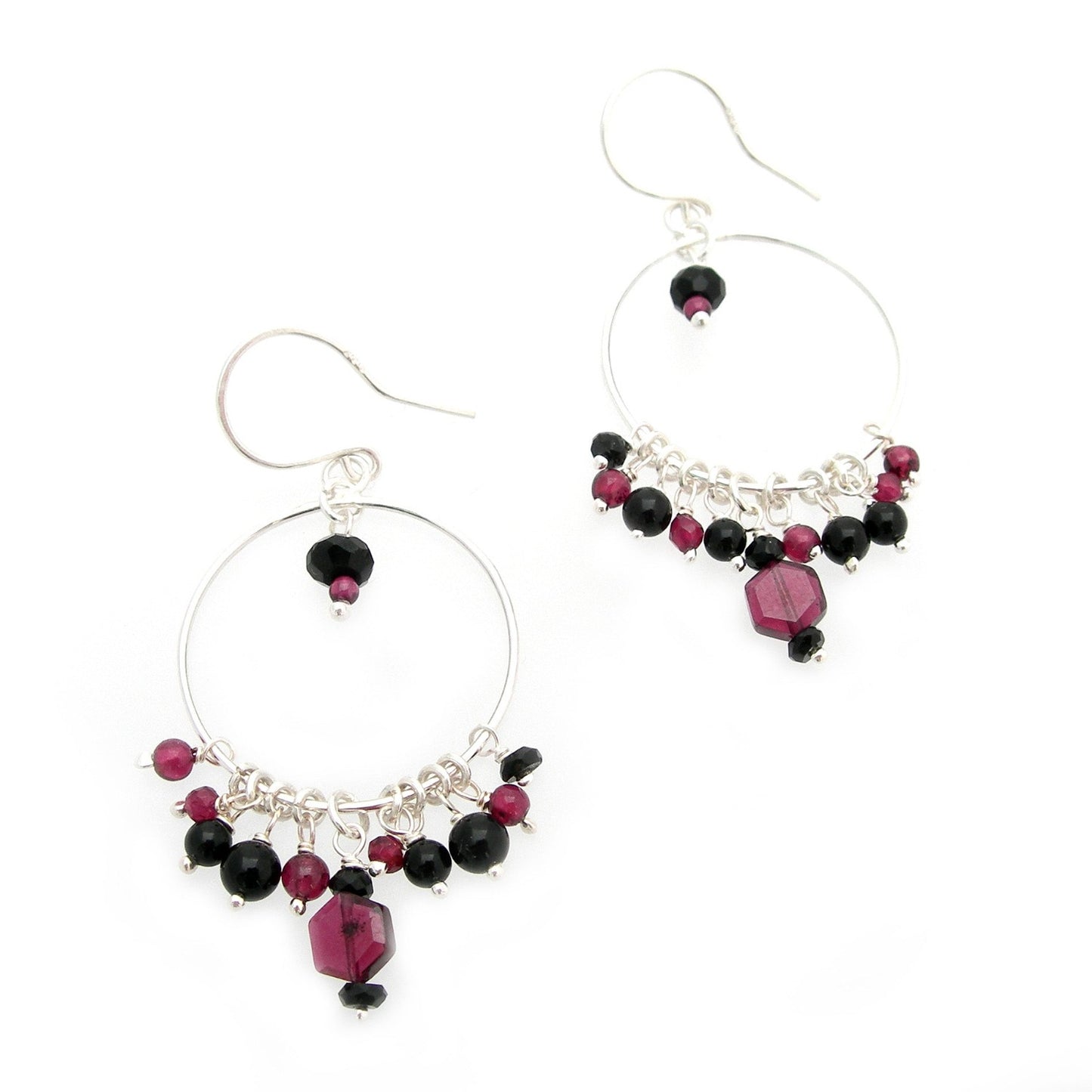 Garnet & Onyx Cluster Hoop Earrings