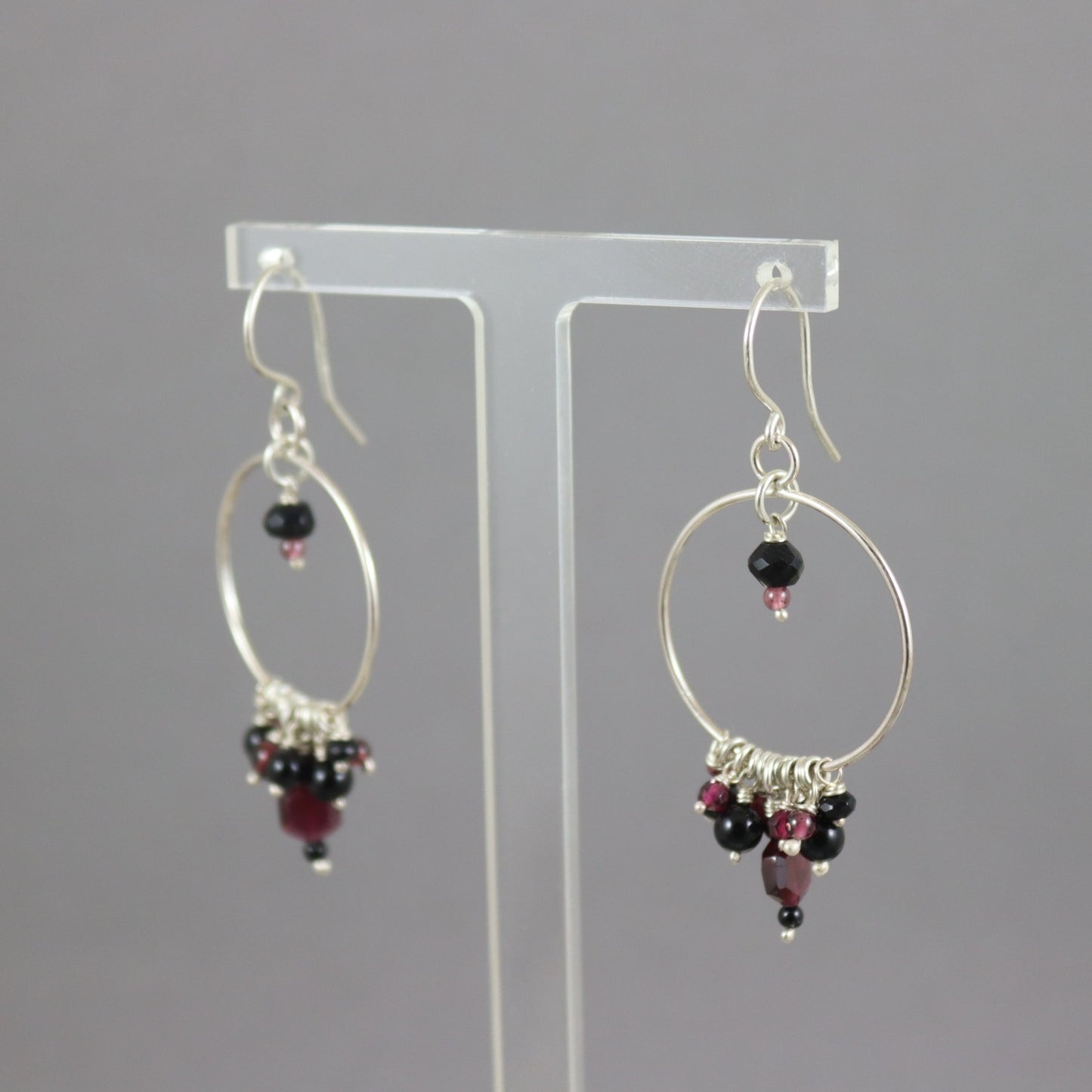 Garnet & Onyx Cluster Hoop Earrings