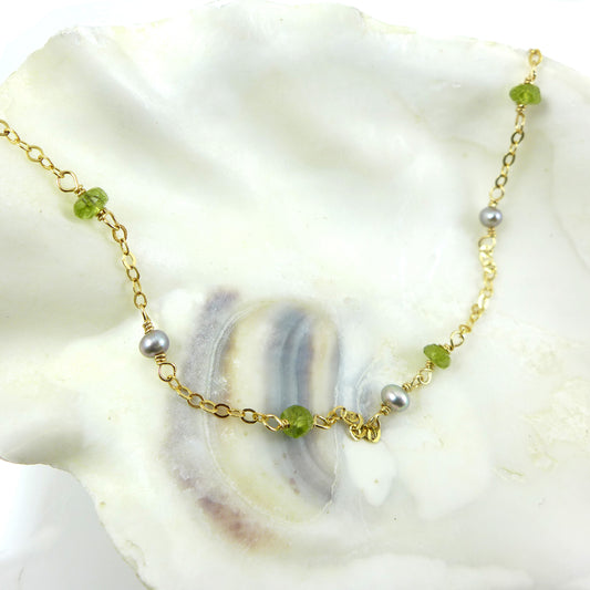 Peridot and Grey Pearl Gold Bracelet