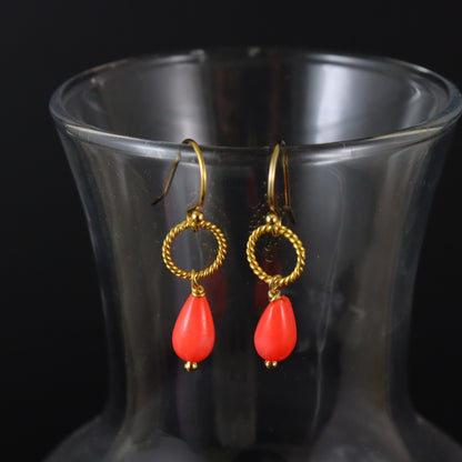 Handmade sea bamboo coral teardrop earrings with gold hoops — artisanal gemstone jewellery