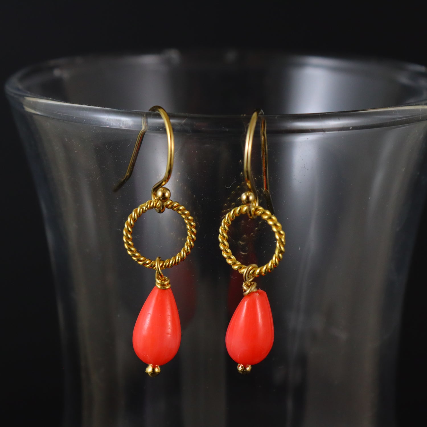 Handmade sea bamboo coral teardrop earrings with gold hoops — artisanal gemstone jewellery
