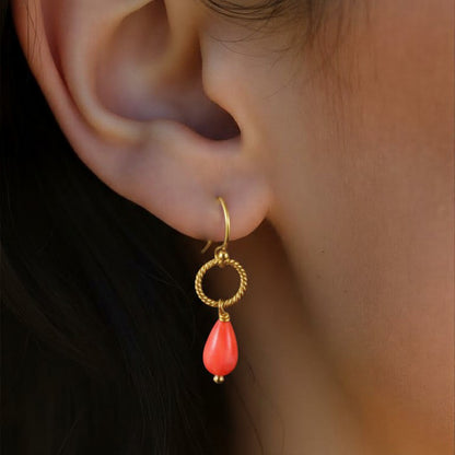 Handmade sea bamboo coral teardrop earrings with gold hoops — artisanal gemstone jewellery