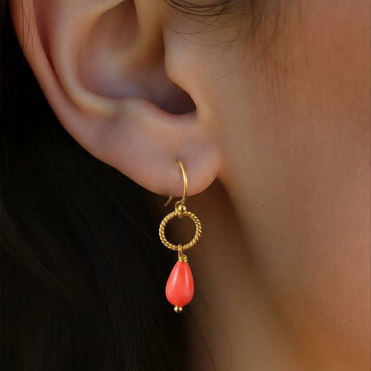 Handmade sea bamboo coral teardrop earrings with gold hoops — artisanal gemstone jewellery