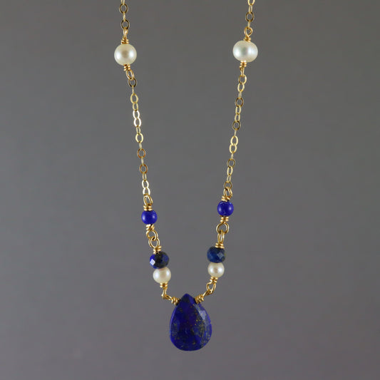 Lapis Pearl & Gold Necklace