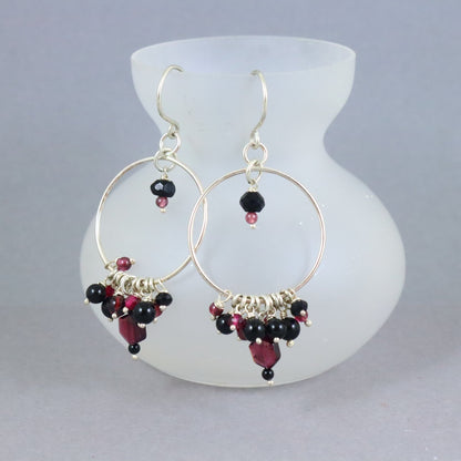 Garnet & Onyx Cluster Hoop Earrings