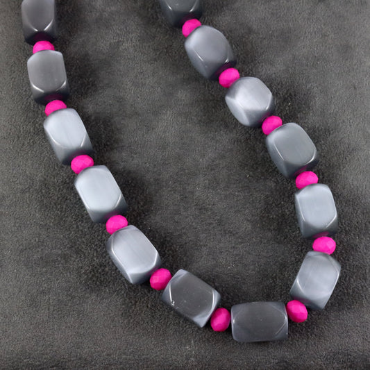 Grey and Fuchsia Pink Chunky Necklace
